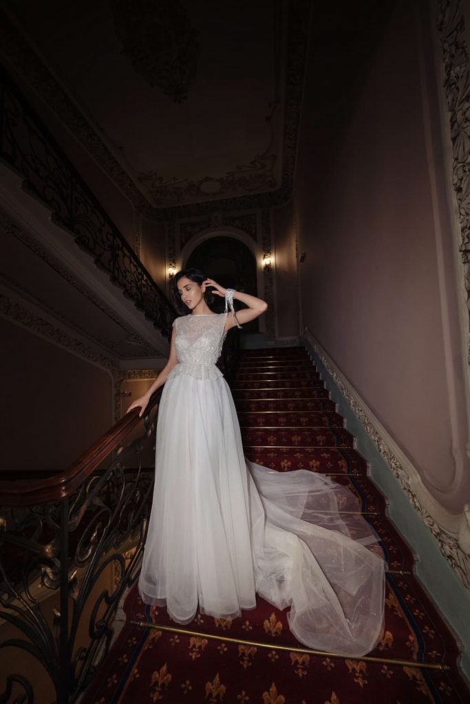 Talllin wedding dress by ange etoiles with beaded top and a-line tulle skirt