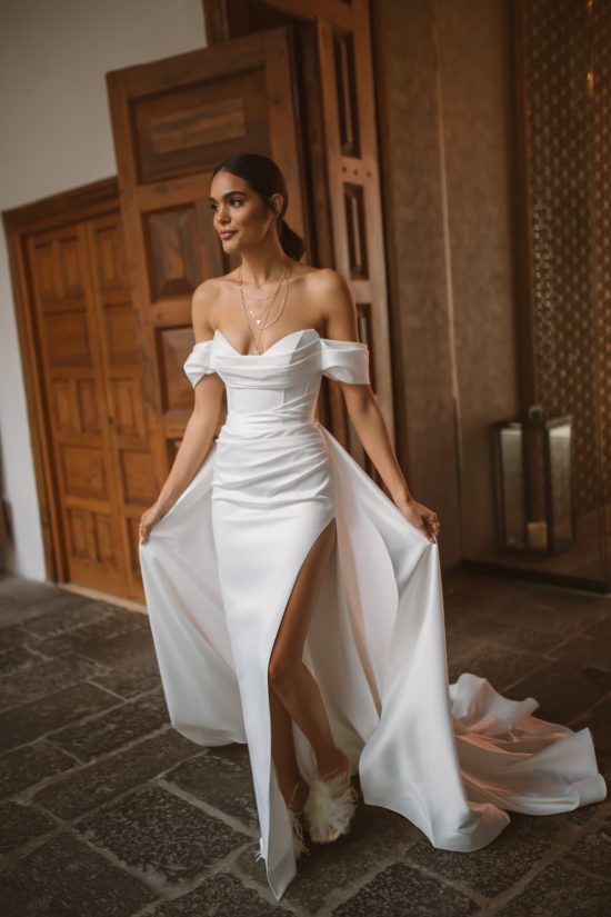 Rara Avis white satin wedding dress Velita with detachable skirt at Dell'Amore Bridal, NZ.3