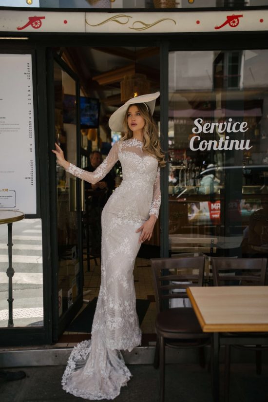 Kamia lace wedding dress with lace sleeves and lace top from dell'amore bridal nz 1