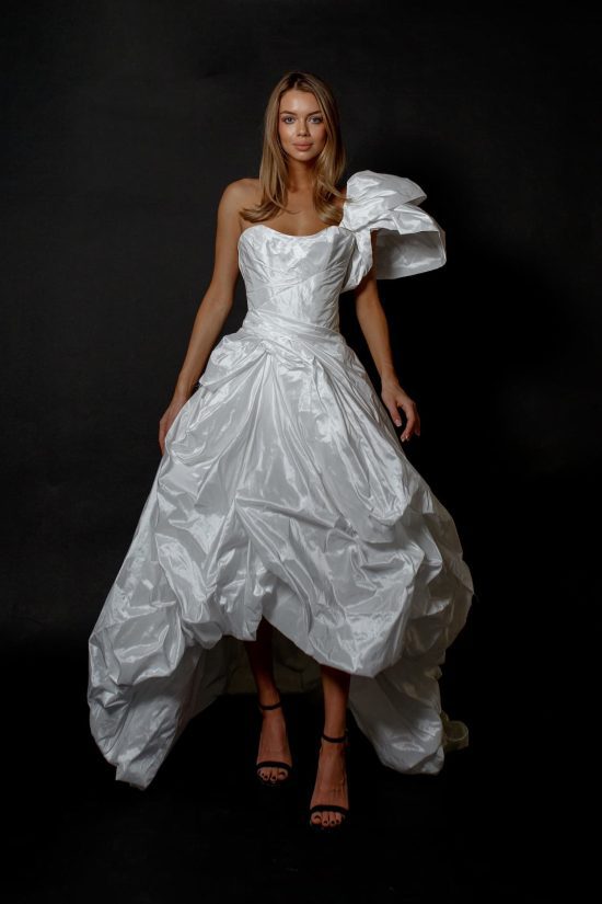 Rara Avis elegant tea-length wedding dress Marin at Dell'Amore Bridal,