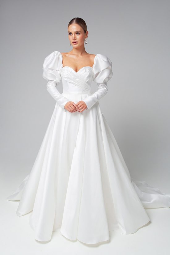 Rara Avis elegant satin wedding dress Missouri with detachable long sleeves at Dell'Amore Bridal, NZ. 1
