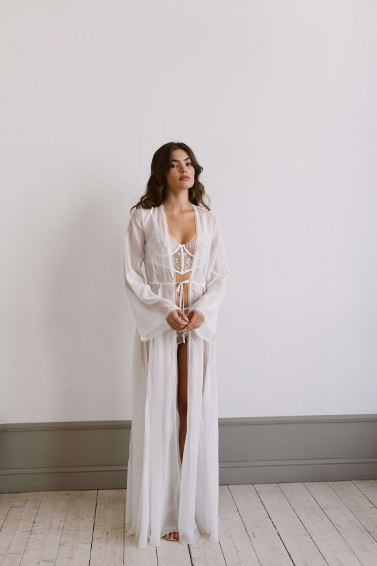 Long white Wedding robe Ostie with long sleeves on the back, auckland, nz 1