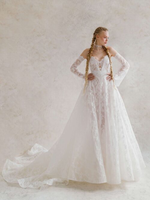 A-silhouette couture lace wedding dress with removable long sleeves at Dell'Amore , Auckland, NZ. 12