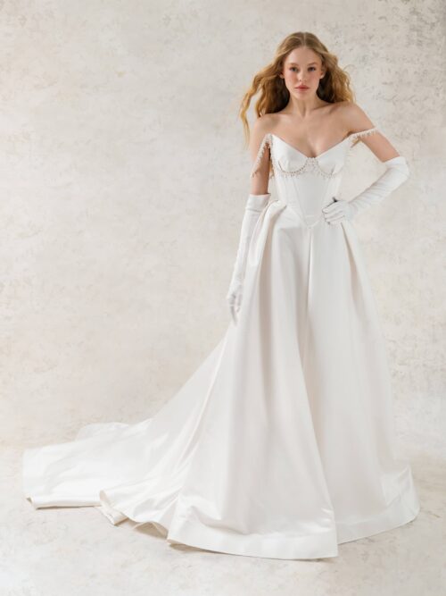 Rara Avis A-line satin couture wedding dress Murex at Dell'Amore Bridal, NZ. 1