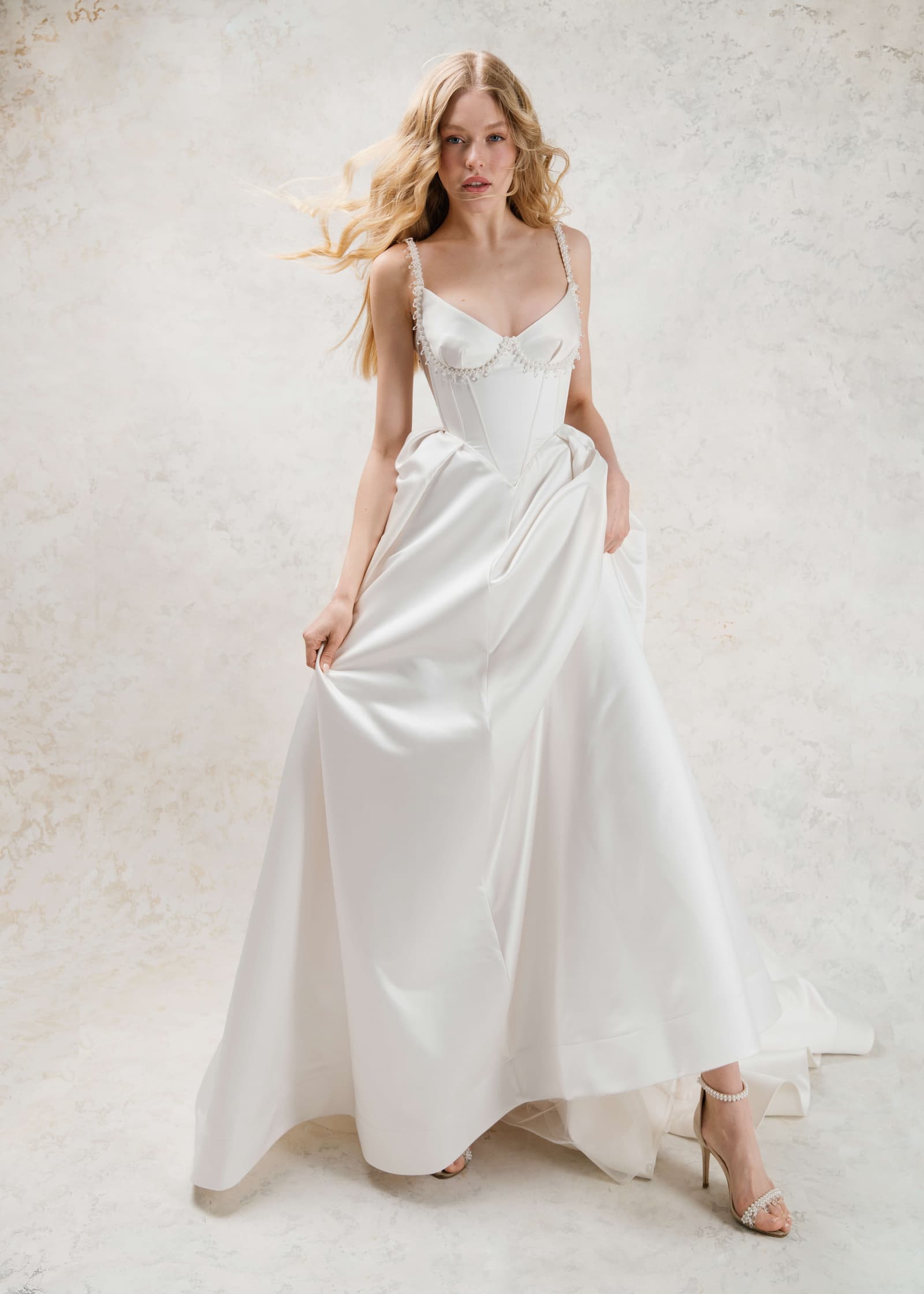 Rara Avis A-line satin couture wedding dress Murex at Dell'Amore Bridal, NZ. 8