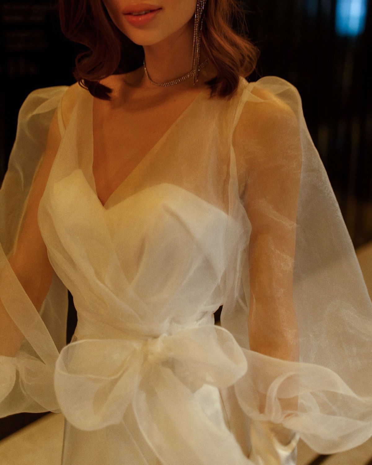 White organza wedding dress with long sleeves by Rara Avis.1