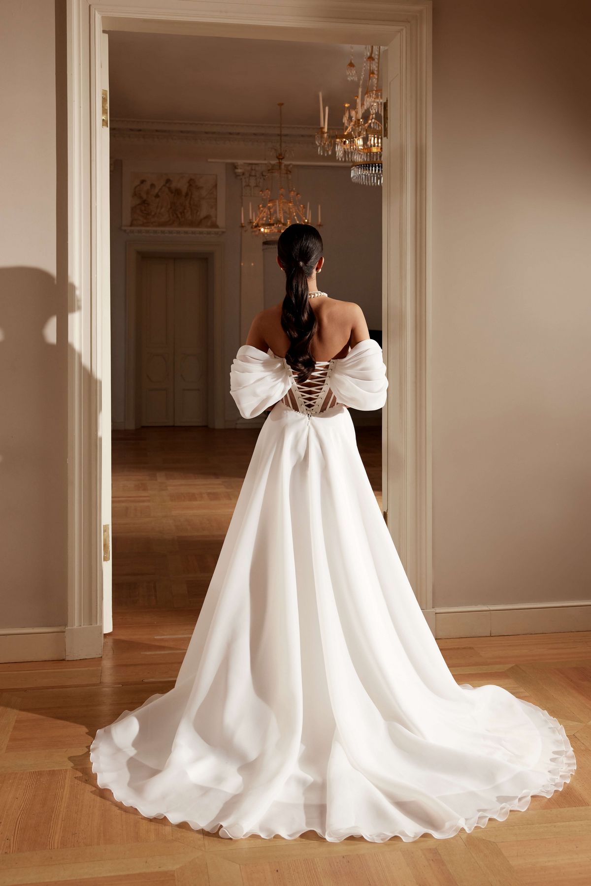 Satin A silhouette wedding dress with beads by blammo biamo. 3