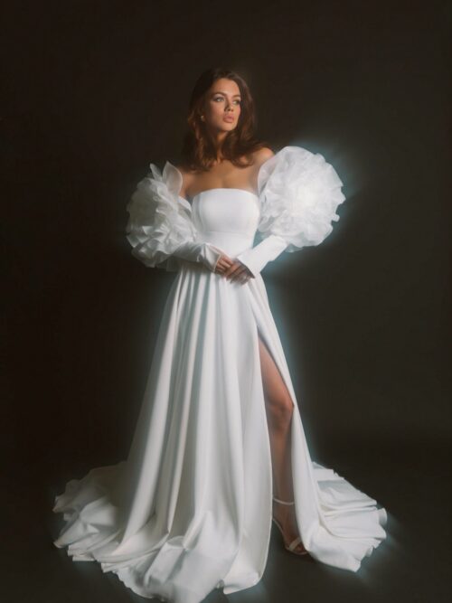 minimalist coututre style wedding dress with volumised sleeves by rara avis designer 2