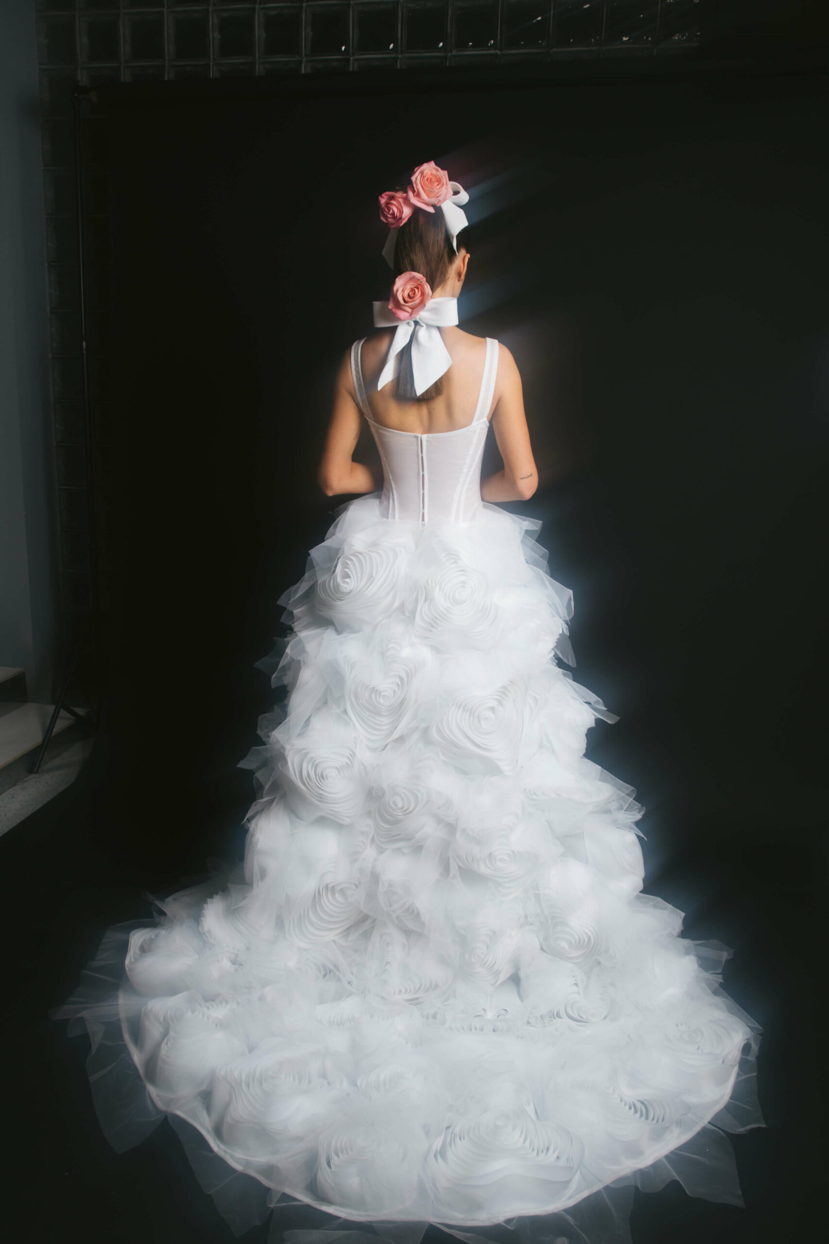 couture wedding dress Remua with fluffy 3d tulle flowers on the skirt by ange etoiles 2