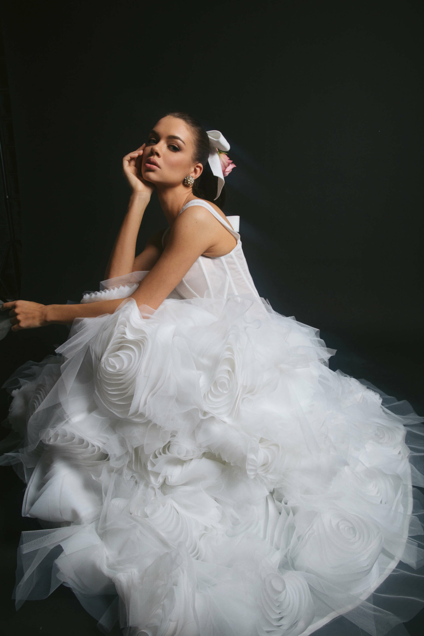 couture wedding dress Remua with fluffy 3d tulle flowers on the skirt by ange etoiles 5