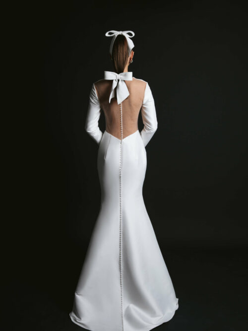simple satin wedding dress with deepv-ncekline and open back by ange etoiles designer from dell'amore bridal, nz 3