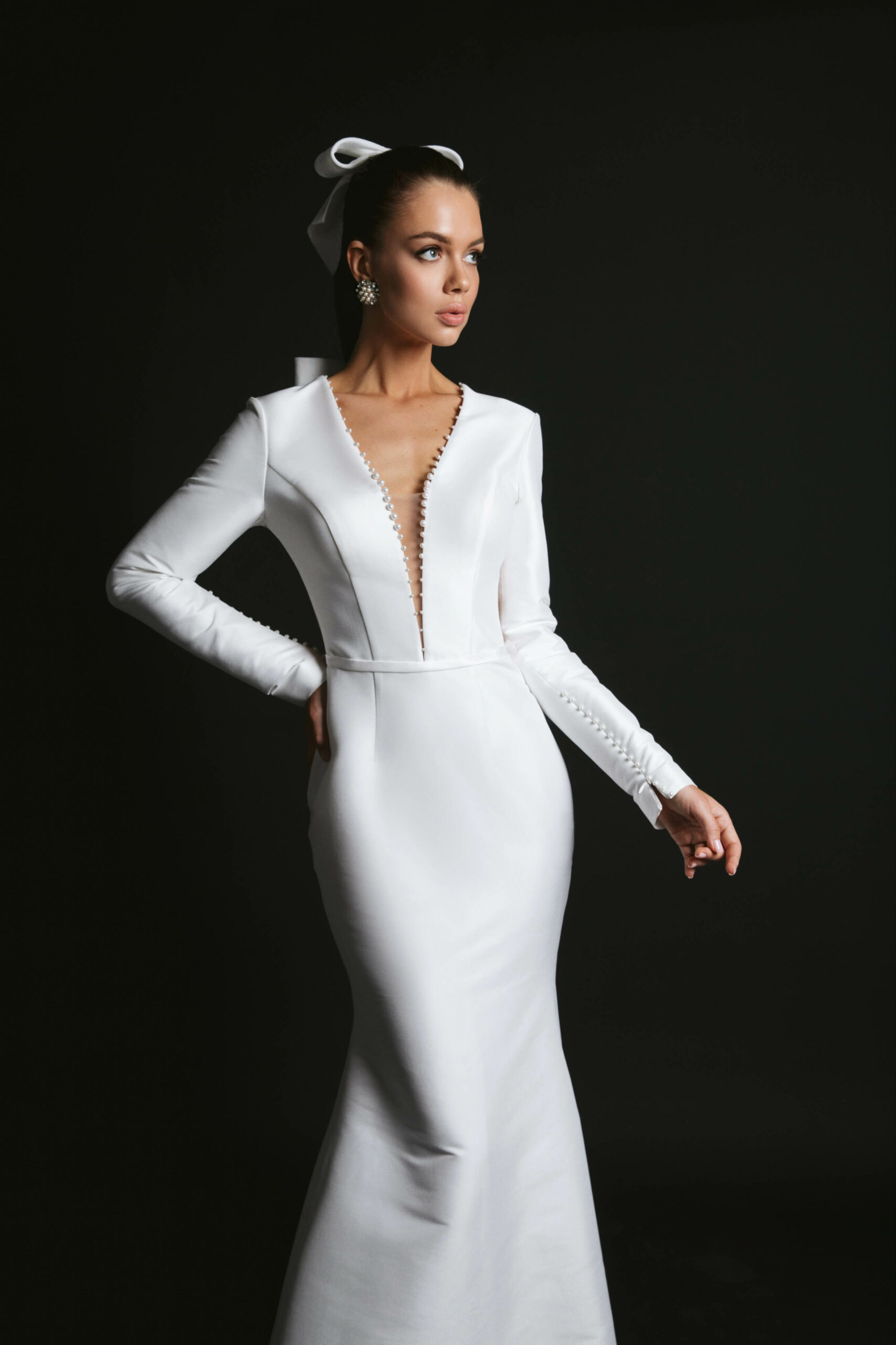 simple satin wedding dress with deepv-ncekline and open back by ange etoiles designer from dell'amore bridal, nz 4
